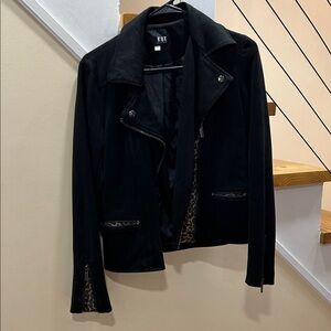 Kut from the Kloth Women's Black Leather Jacket with Leopard Lining